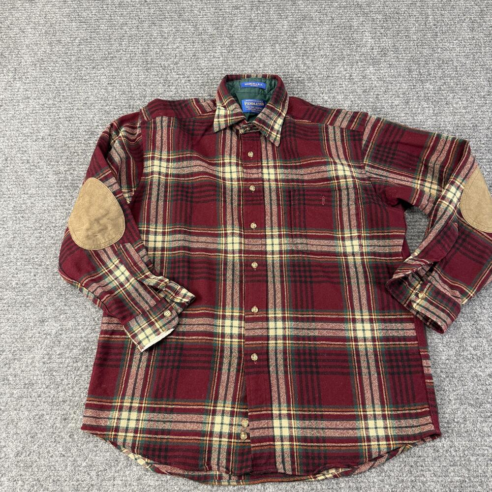 Vintage Pendleton Shirt Mens Medium Red Plaid Wool Elbow Patch Flannel USA